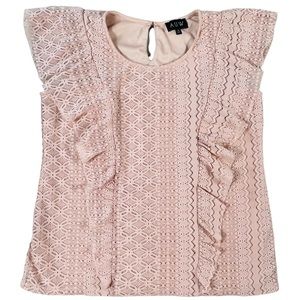 AUW size large light pink short sleeve top, lace design shirt, ruffle sleeves